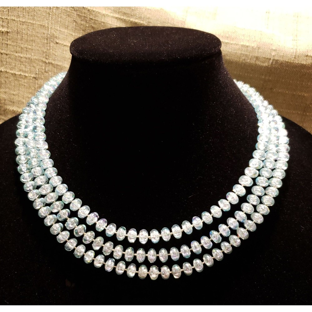 Vtg Unsigned 59" Long Strand Faux Iridescent Blue Bead Necklace 2 or 3 Strand